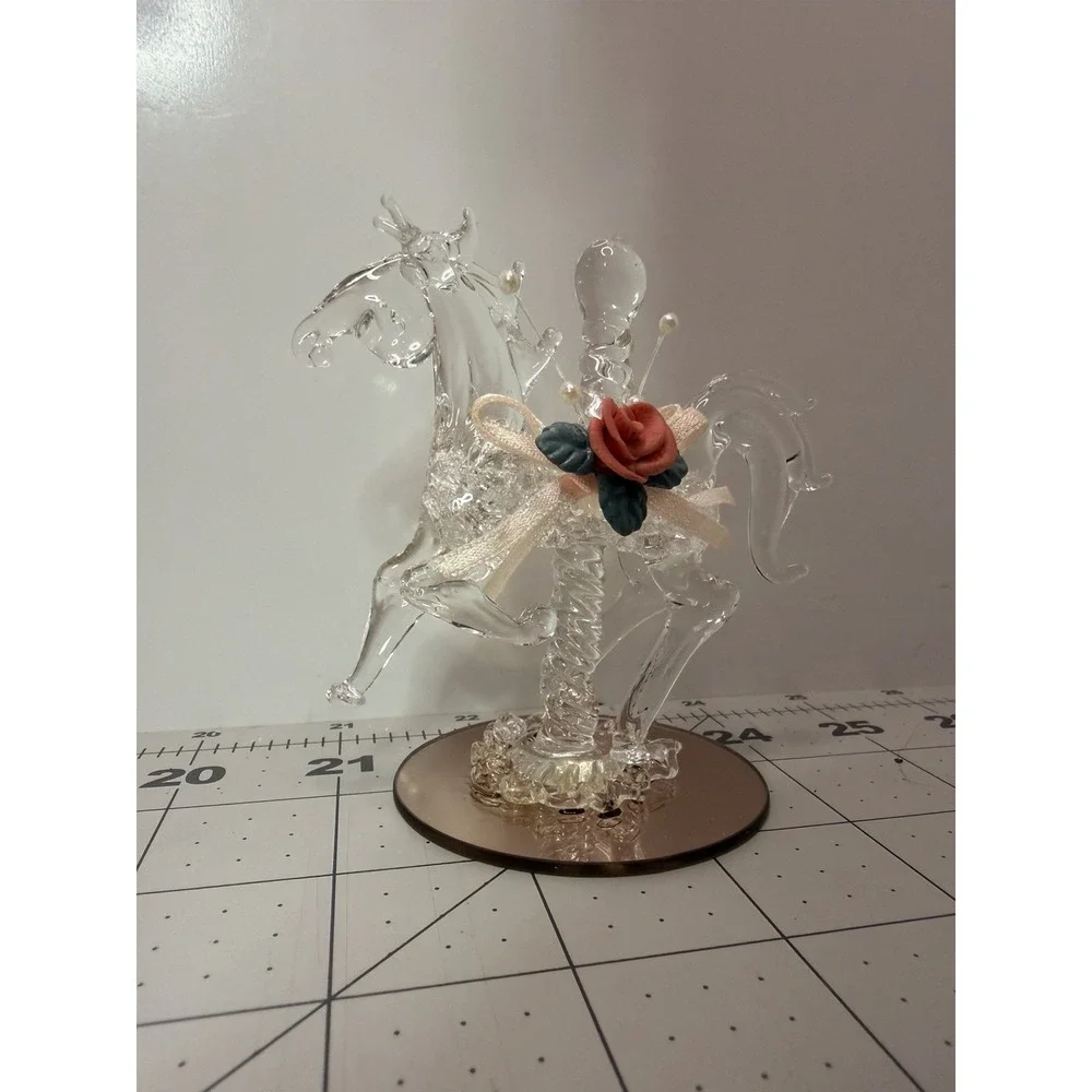 Vintage Spun Glass Carousel Horse Figurine Mirrored Base Rose Bow In Box